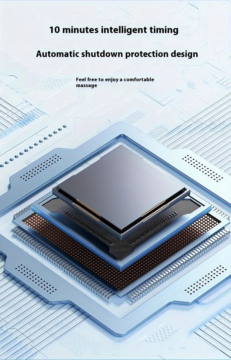 Electronic component with text about intelligent timing and automatic shutdown protection on a technical background