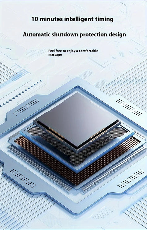 Electronic component with text about intelligent timing and automatic shutdown protection on a technical background