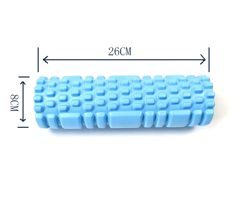 Blue foam roller with measurements on a white background
