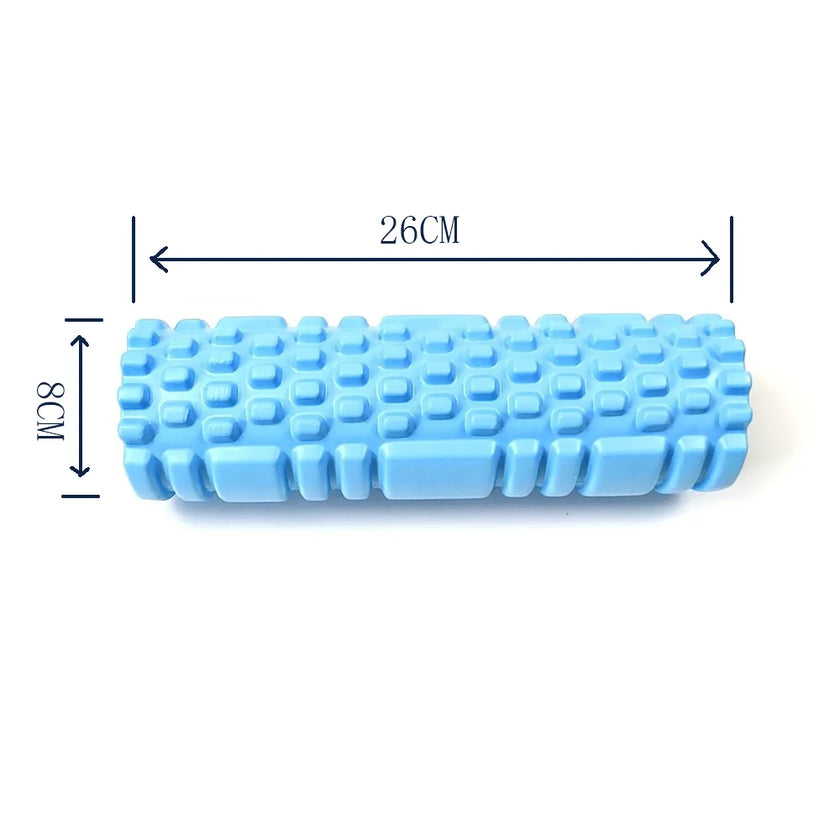 Blue foam roller with measurements on a white background