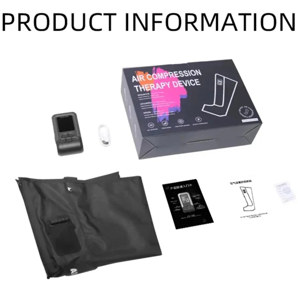 Air compression therapy device packaging with components on a white background