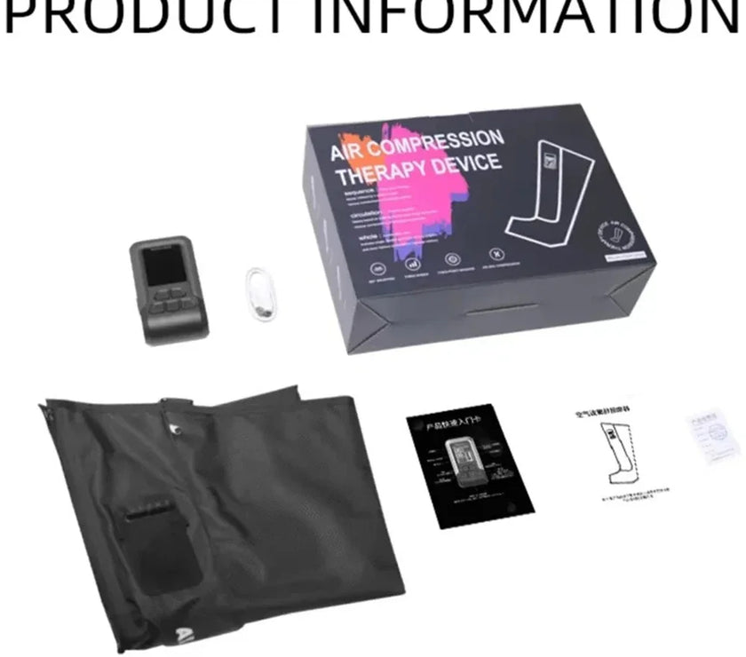 Air compression therapy device packaging with components on a white background