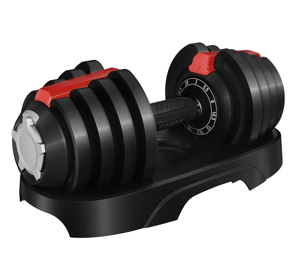 Pair of adjustable dumbbells on a white background