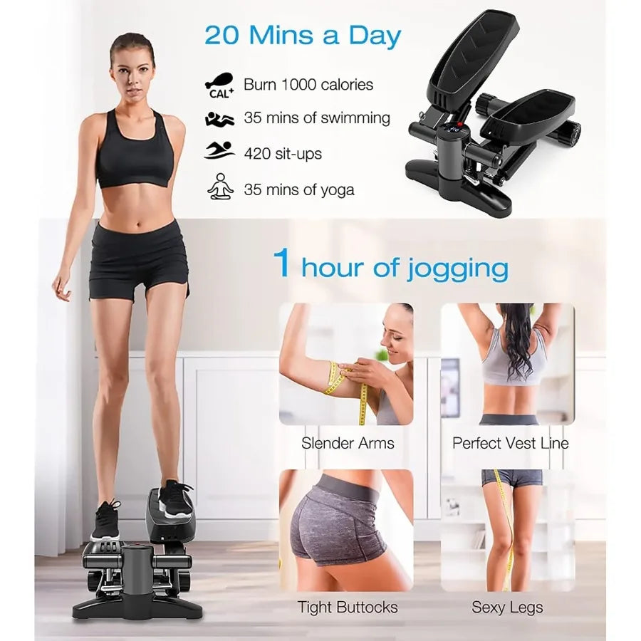 Woman using a step machine with fitness benefits displayed on screen