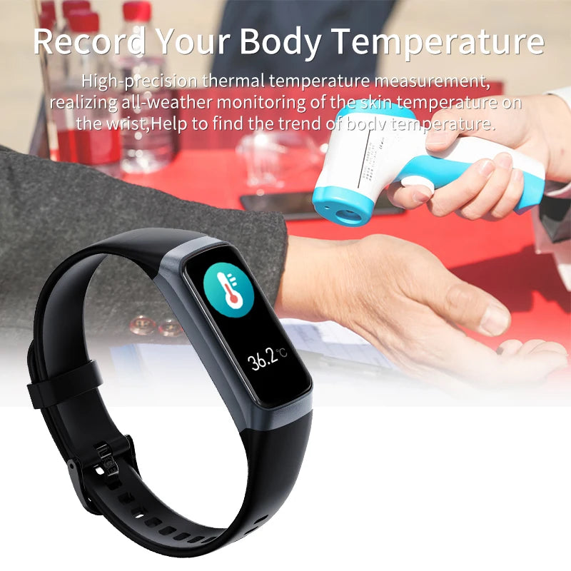 Black smartwatch with temperature measurement feature displayed, showing a temperature reading.