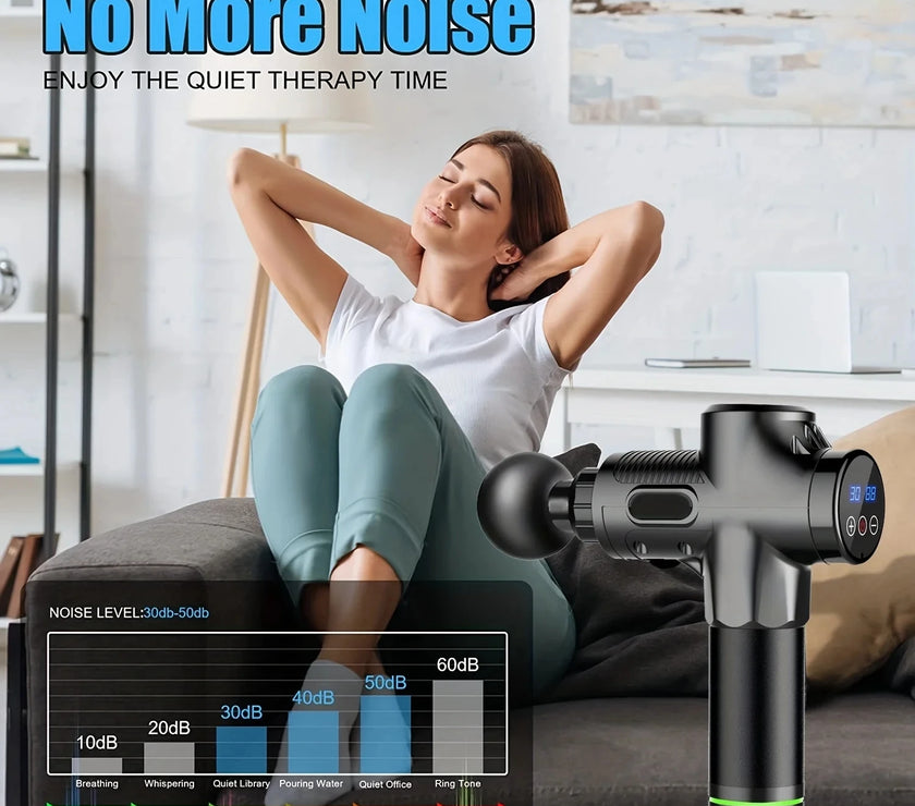 Woman relaxing with a noise machine labeled 'No More Noise' in a home setting.