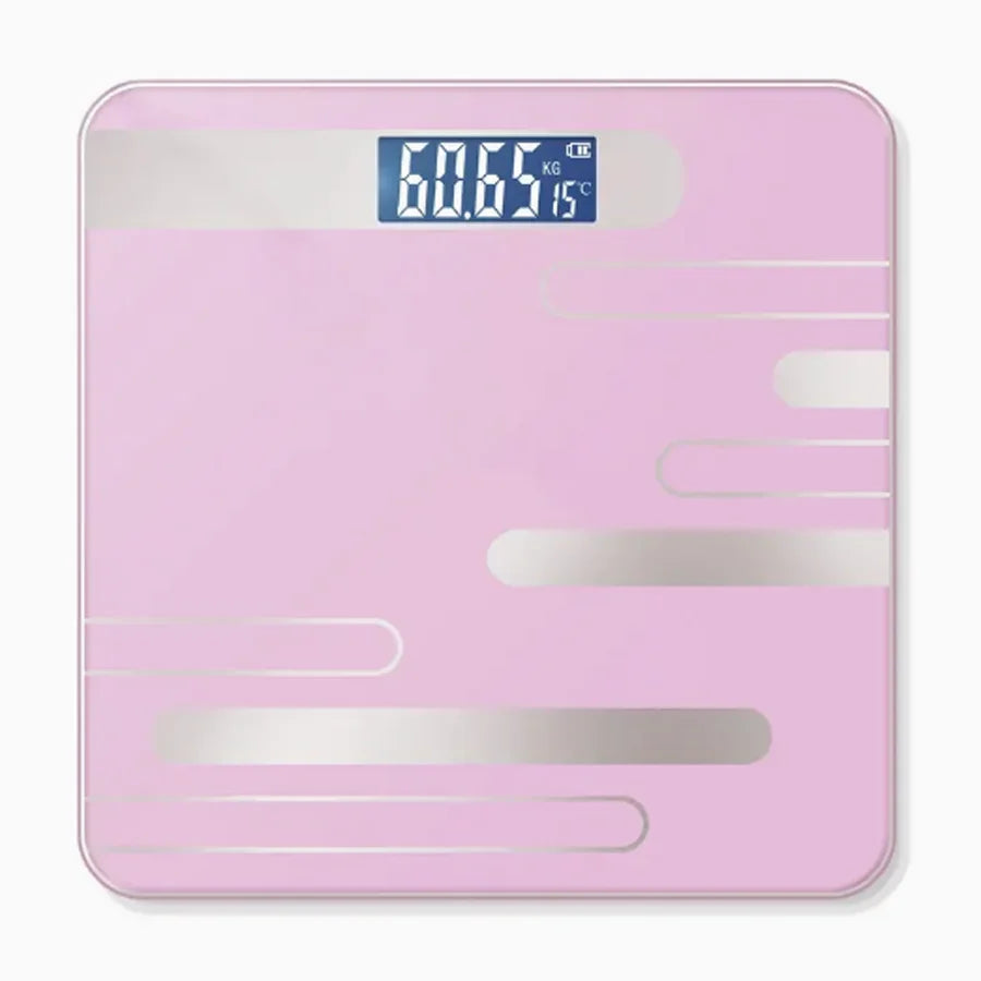 Pink digital bathroom scale with a digital display on a white background