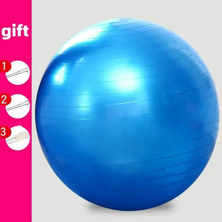 Blue exercise ball with a pink sidebar featuring gift options on a gray background