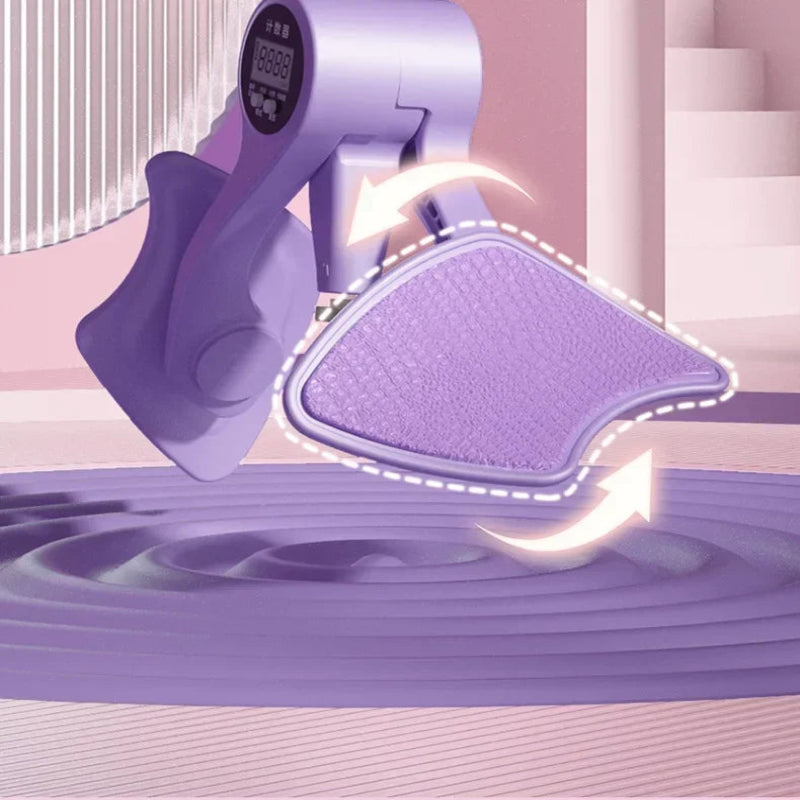 Purple electronic device with digital display on a pink and white striped background