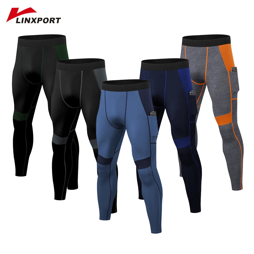 Premium polyester-spandex blend compression tights with moisture-wicking technology for men.