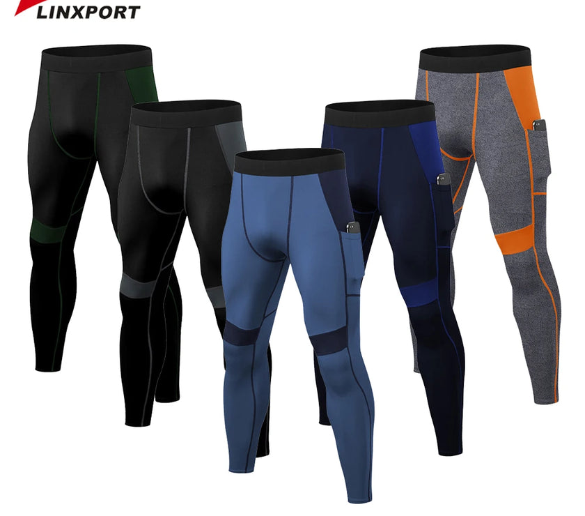 Premium polyester-spandex blend compression tights with moisture-wicking technology for men.