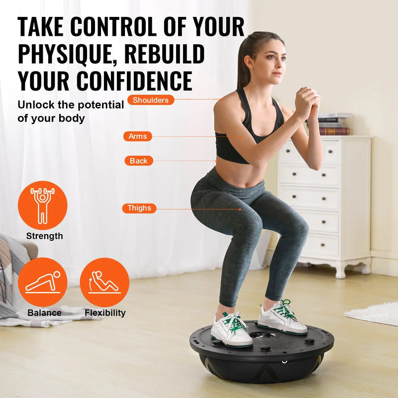Woman exercising on a balance board with fitness benefits highlighted.