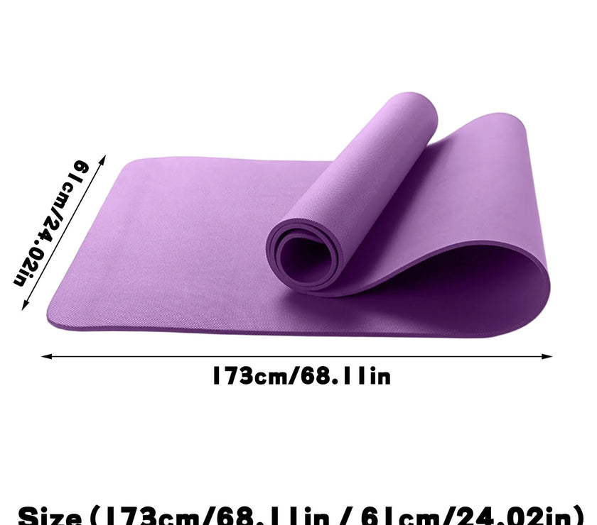 Purple yoga mat rolled up with dimensions indicated on a white background