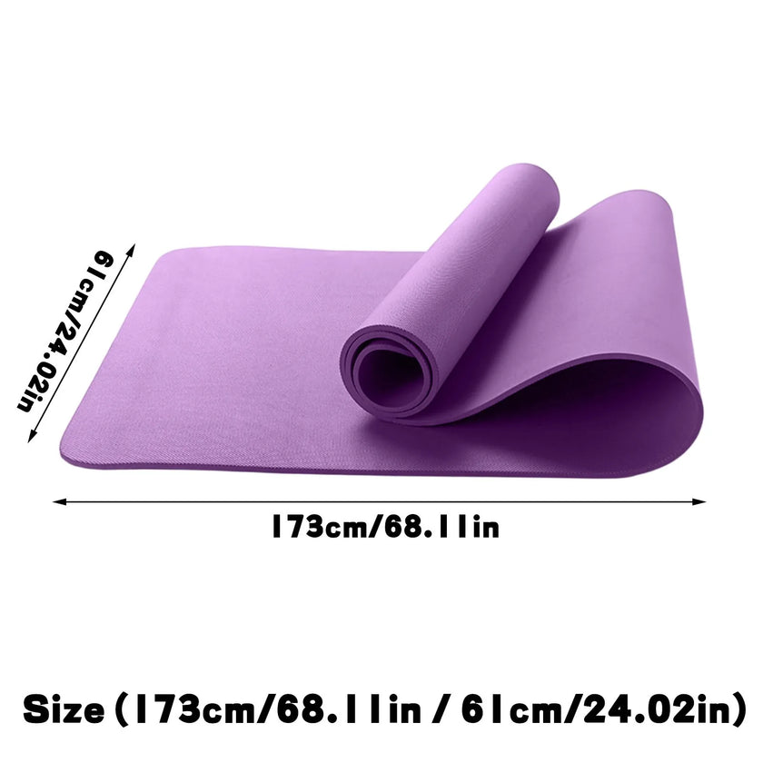 Purple yoga mat rolled up with dimensions indicated on a white background