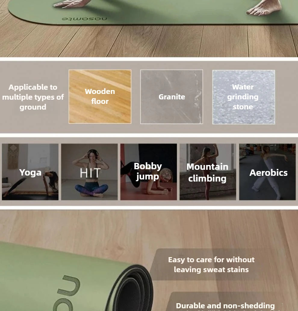 Green yoga mat with text on ground types, activities, and features