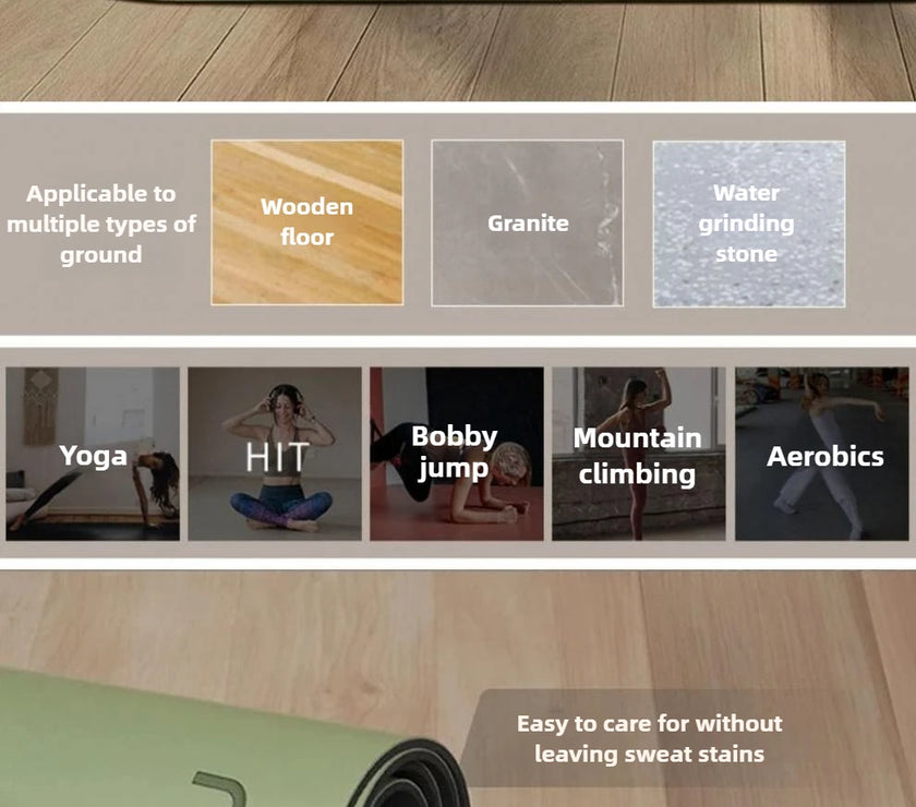 Green yoga mat with text on ground types, activities, and features