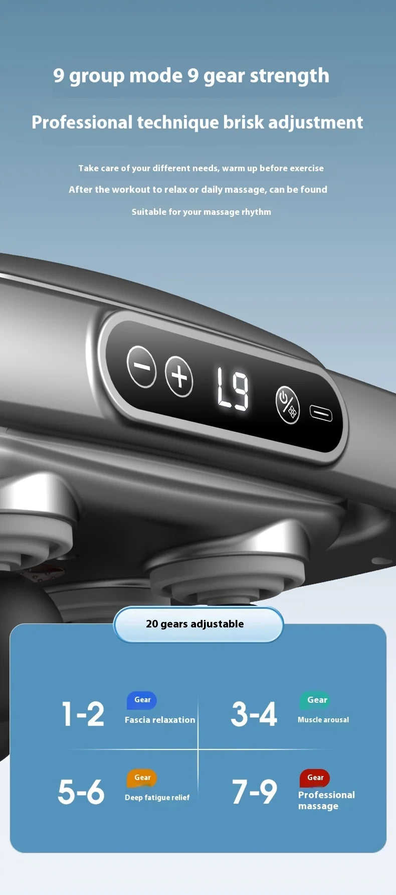 Massage device control panel with digital display and adjustment buttons on a blue background