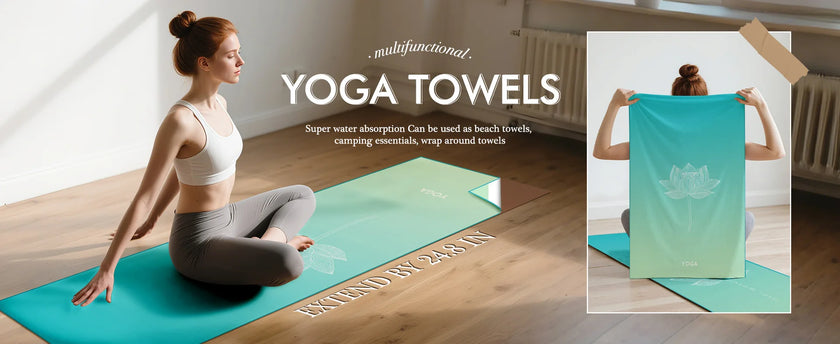 Woman sitting on a yoga mat with a yoga towel, promotional image for multifunctional yoga towels.