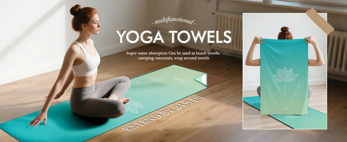 Woman sitting on a yoga mat with a yoga towel, promotional image for multifunctional yoga towels.