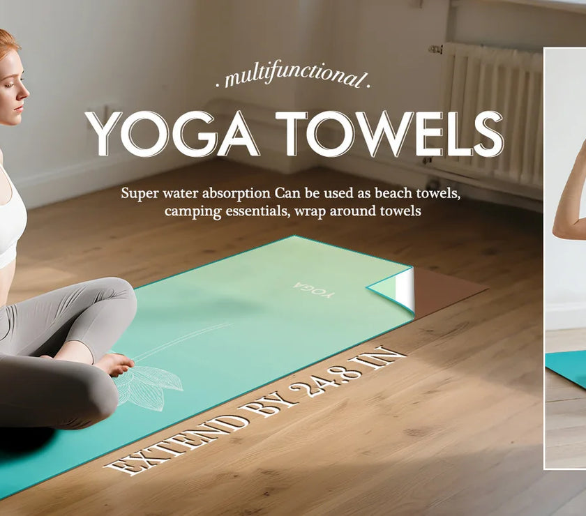 Woman sitting on a yoga mat with a yoga towel, promotional image for multifunctional yoga towels.