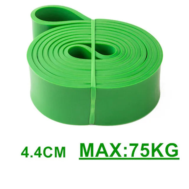 Two individuals using green and pink resistance rubber bands for fitness; the bands are shown in different colors such as green, purple, black, and red.