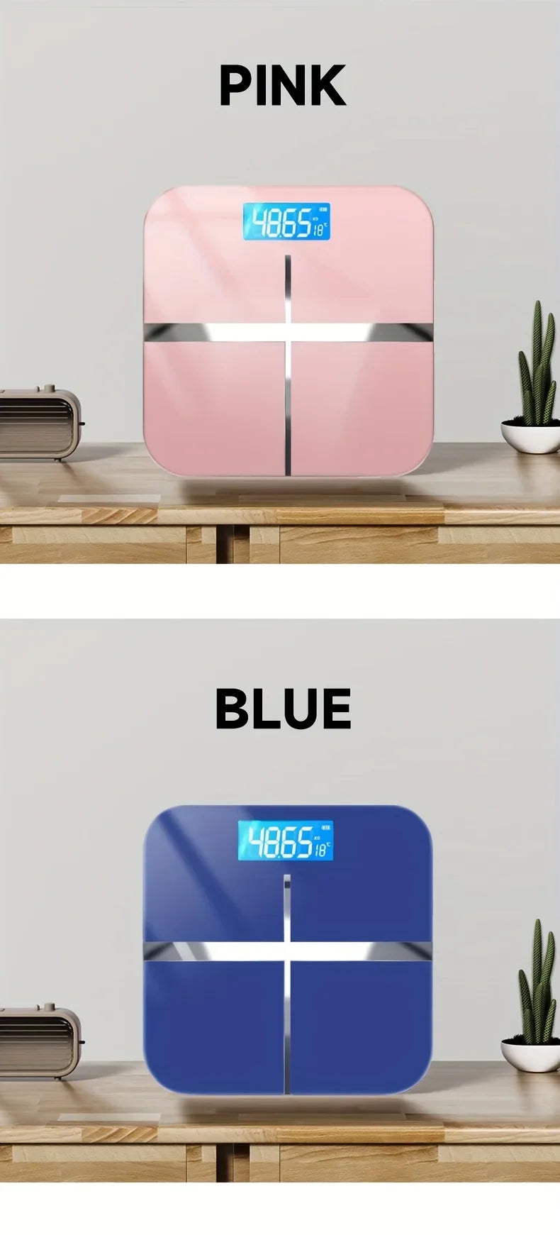 Pink and blue digital bathroom scales on a wooden surface with a white background.