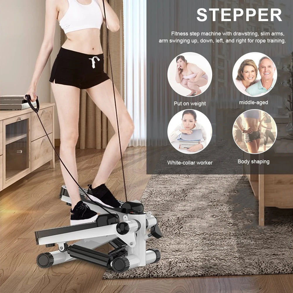 Person using a step machine with text on fitness benefits and target groups.