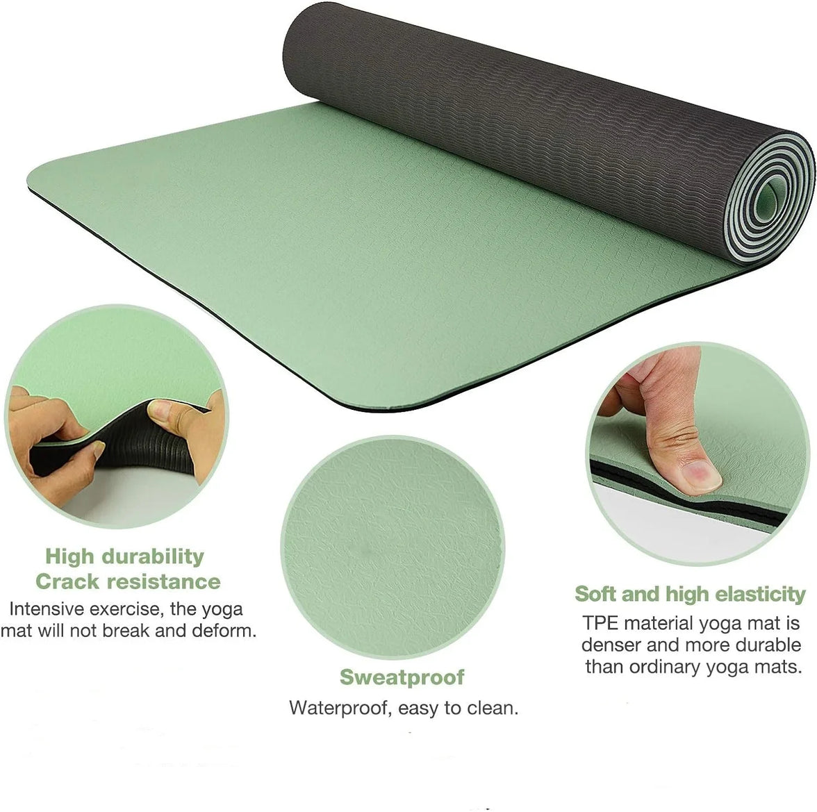 Green yoga mat with rolled-up section and features highlighted on a white background