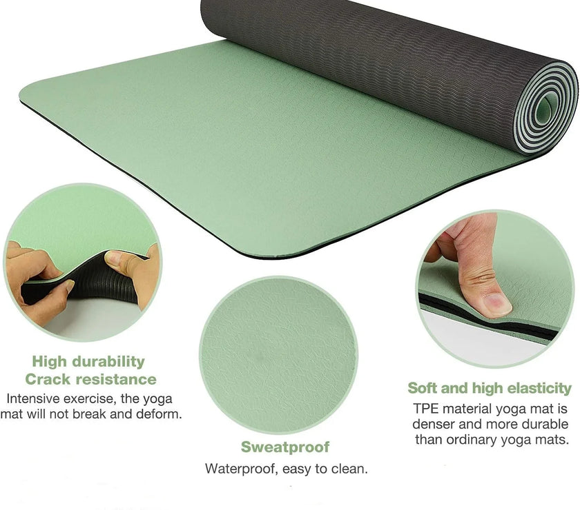 Green yoga mat with rolled-up section and features highlighted on a white background