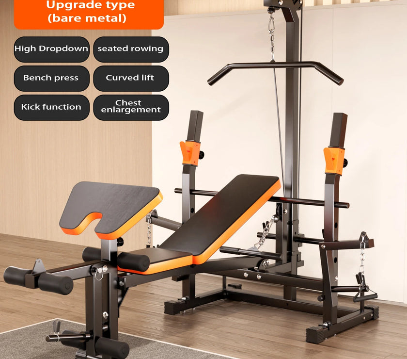 Multi-function combination weight lifting bed and rack with orange and black color scheme, including adjustable bench, weights, and barbells.