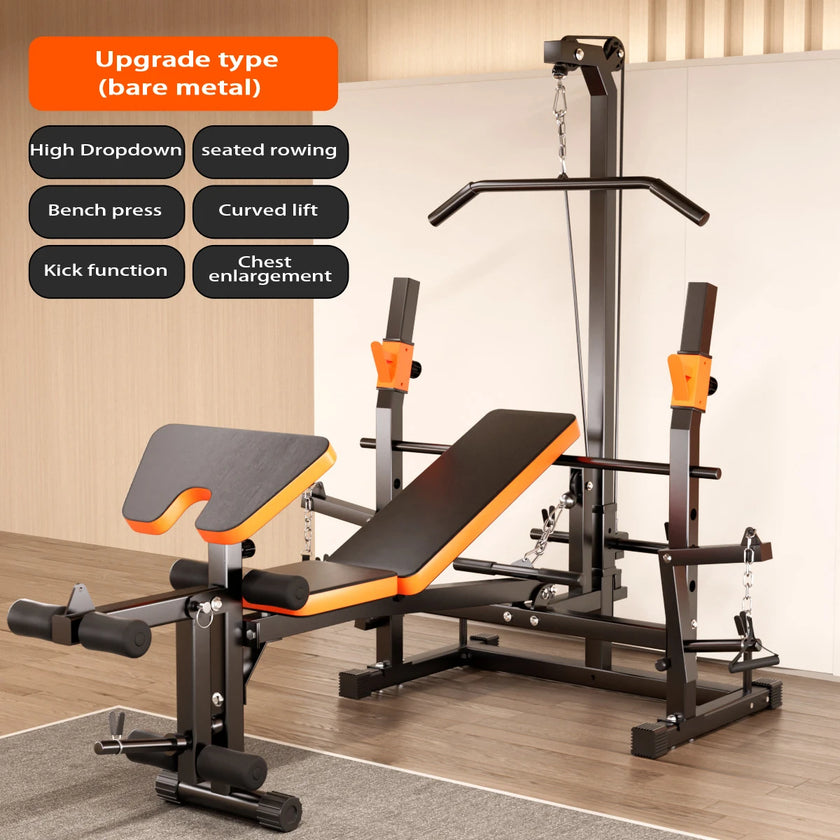 Multi-function combination weight lifting bed and rack with orange and black color scheme, including adjustable bench, weights, and barbells.