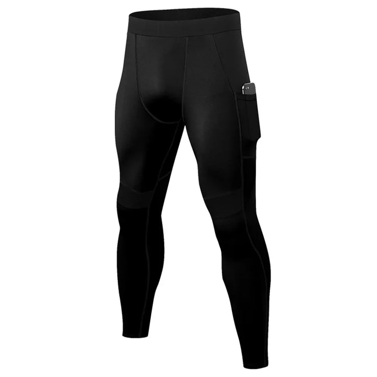 Men’s high-performance compression tights for running and gym workouts in black – stretchy, breathable, and sweat-wicking.