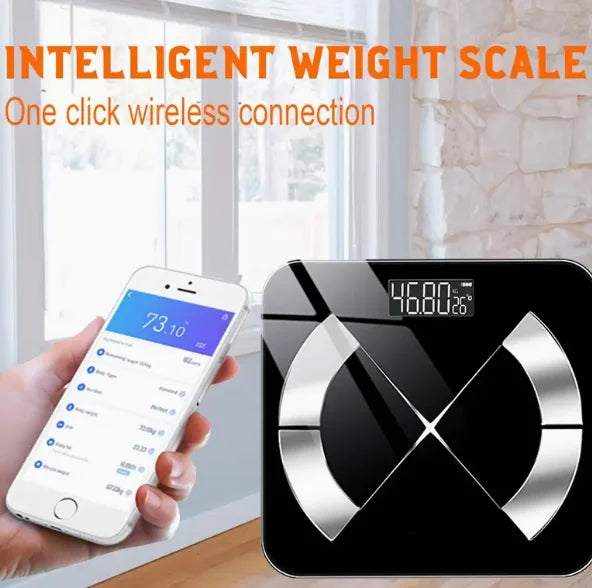 Smart weight scale with digital display and smartphone app on a blurred indoor background