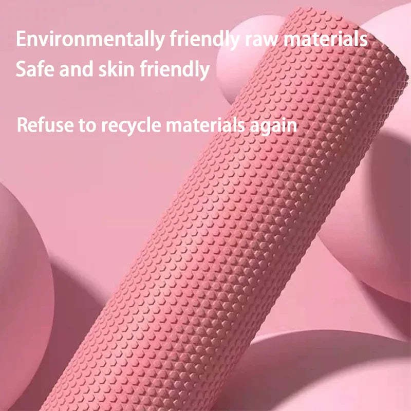 Pink textured roller on a pink background with text about environmentally friendly materials.