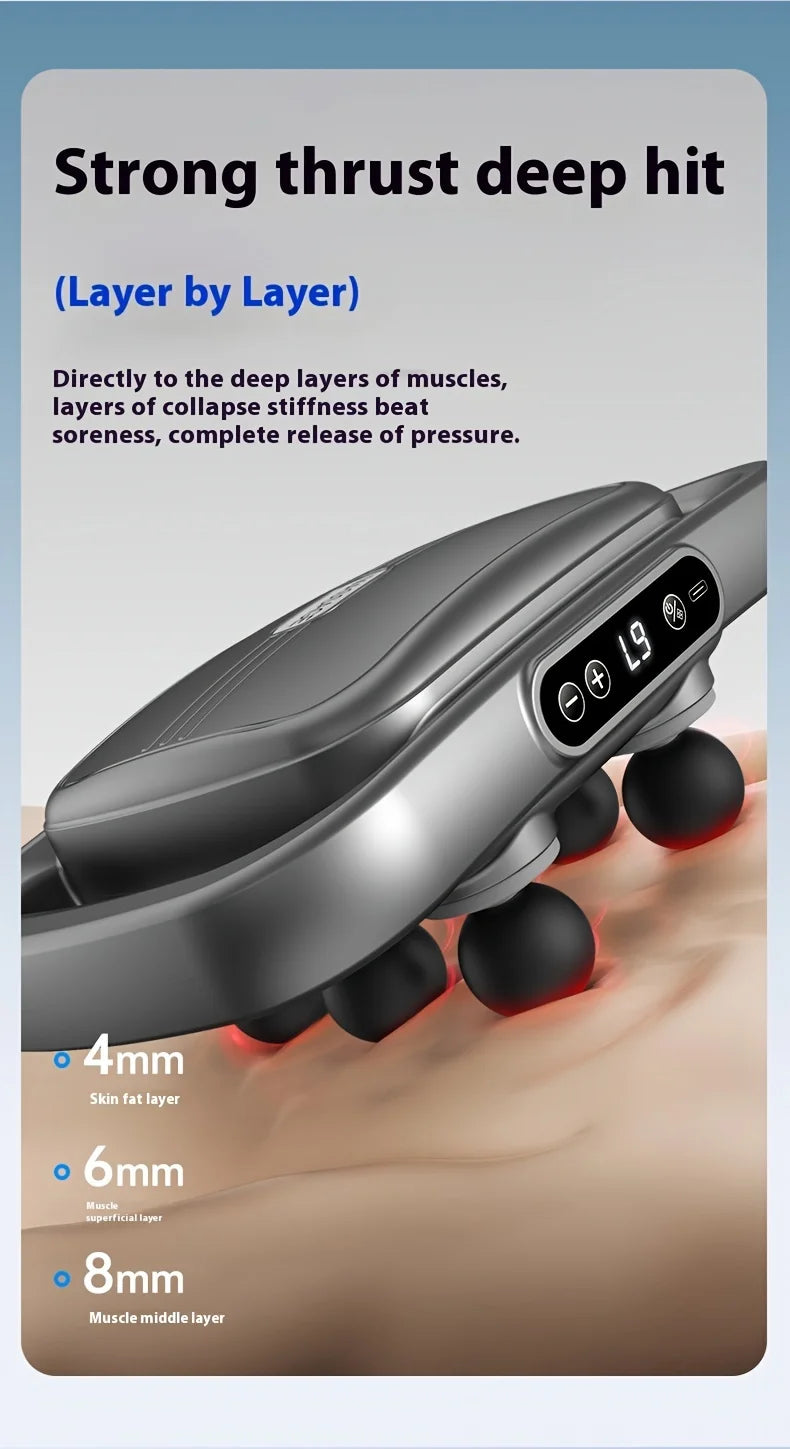 Massage device with text on a blue background