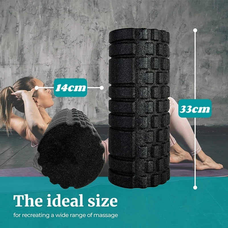 Foam roller with measurements and a person using it on a gray background