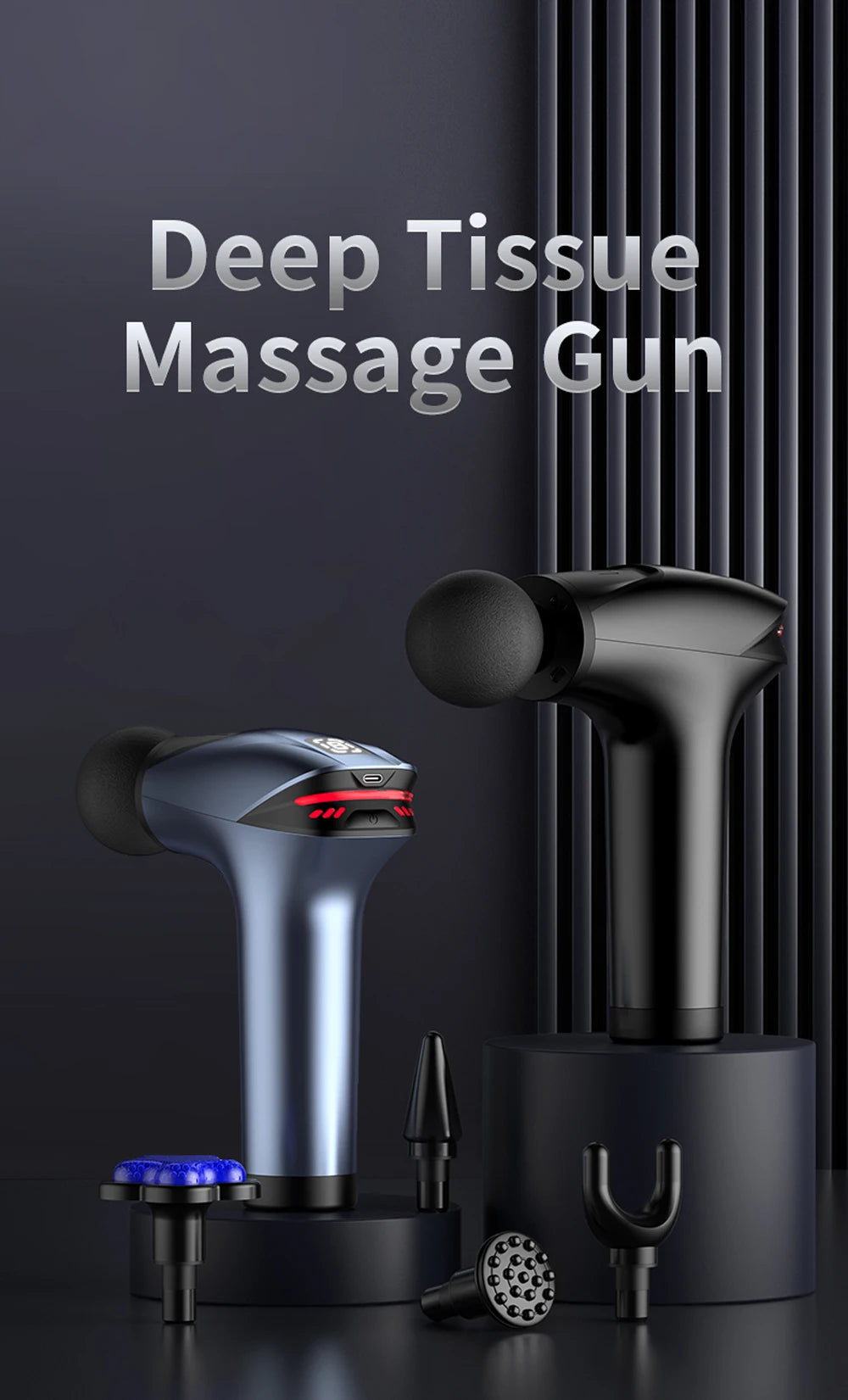 Deep tissue massage gun with attachments on a dark background
