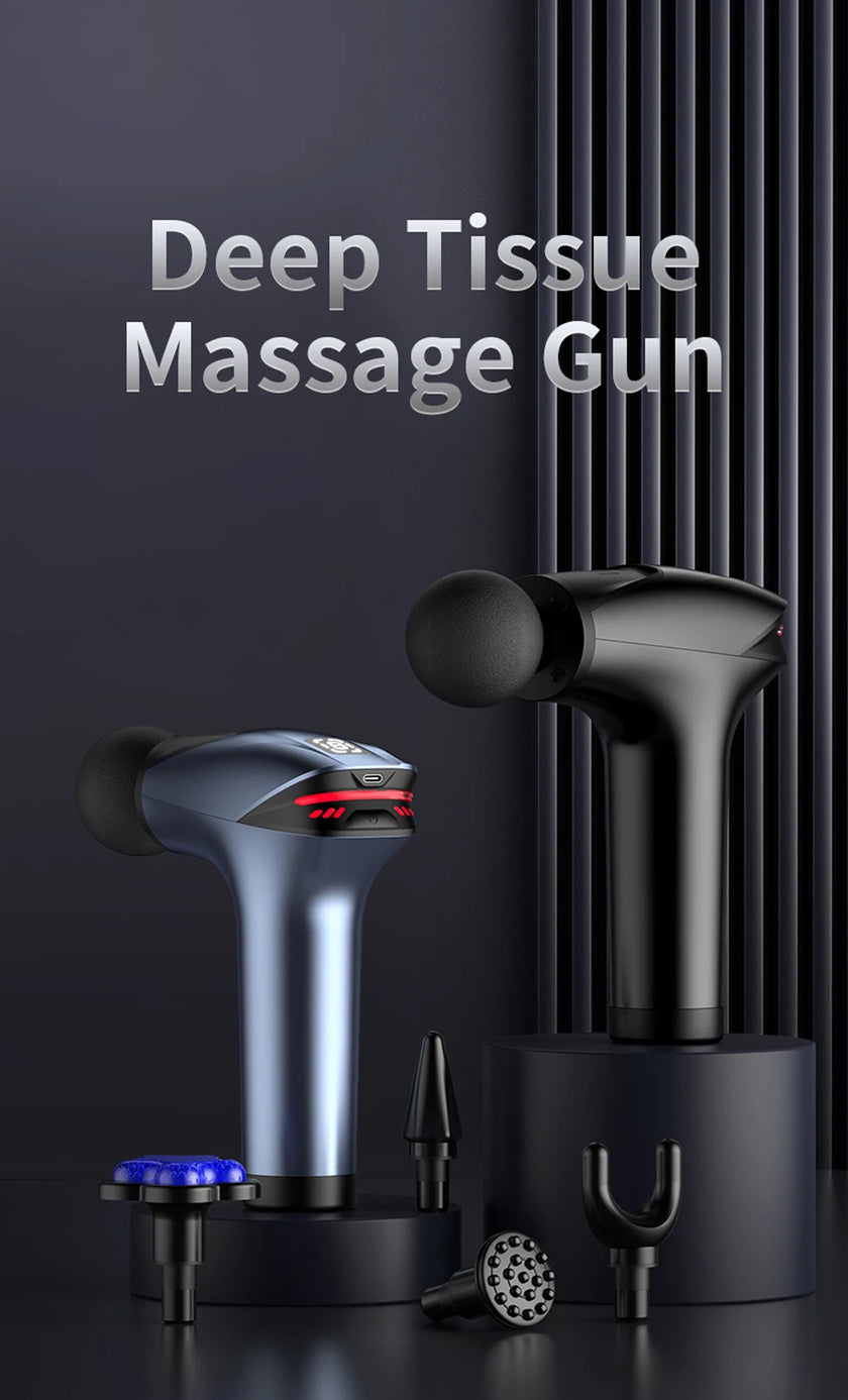 Deep tissue massage gun with attachments on a dark background