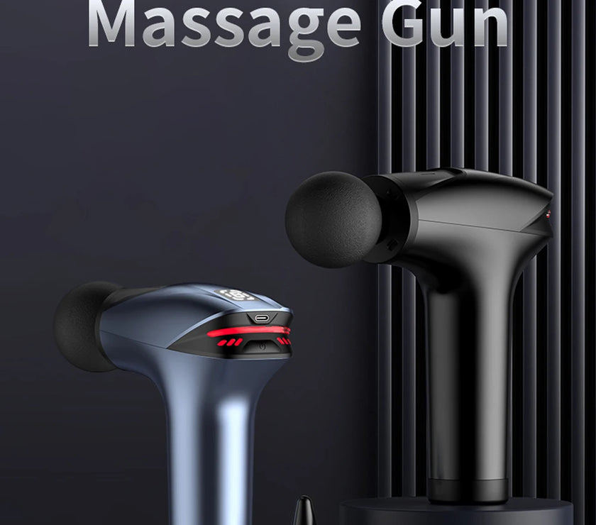 Deep tissue massage gun with attachments on a dark background