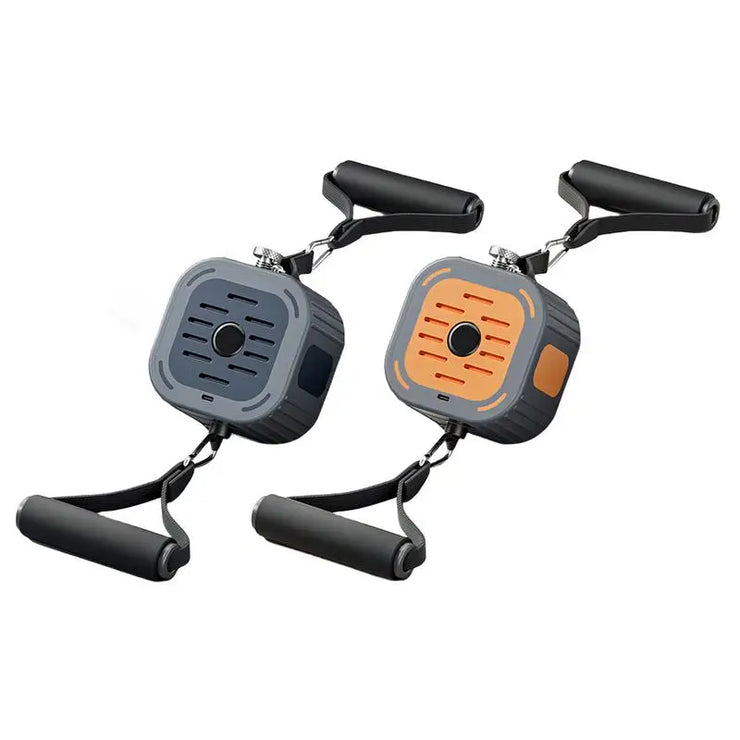 Pair of resistance bands with gray and orange handles on a white background
