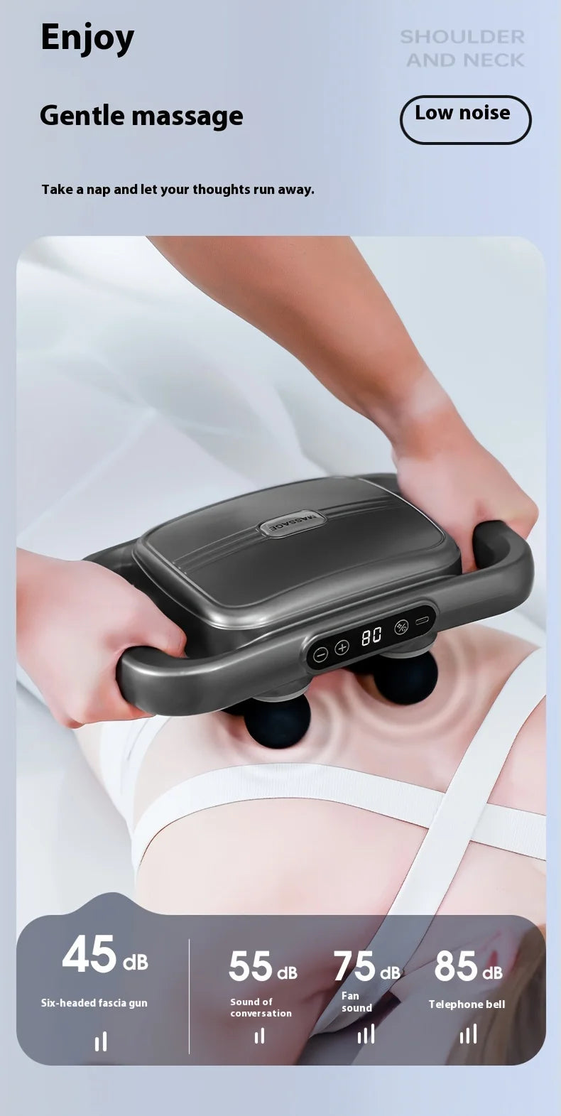 Handheld massage device being used on a person's back with digital display and noise level indicators.