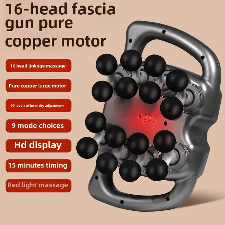 Massage gun with black heads on a beige background, featuring text about its features.