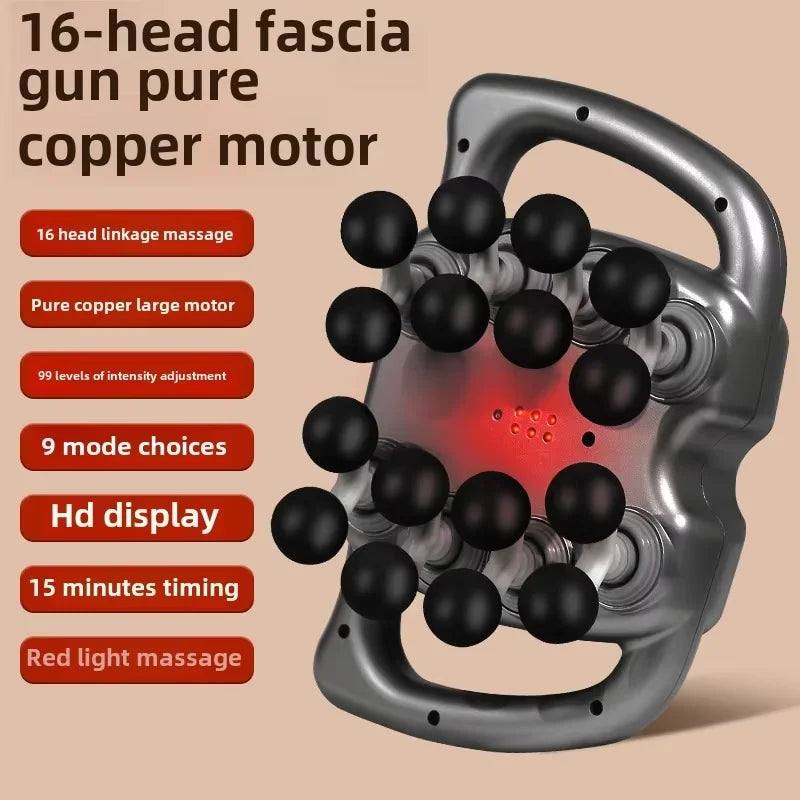 Massage gun with black heads on a beige background, featuring text about its features.