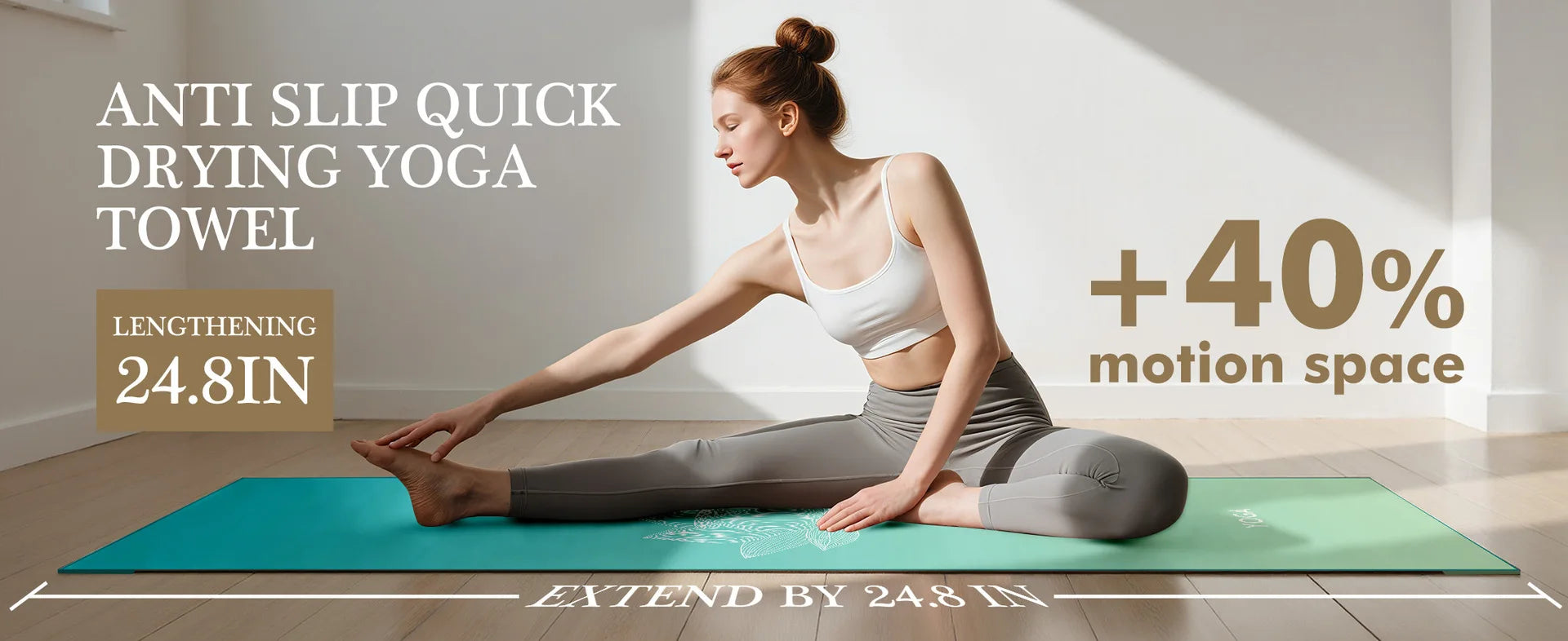 Woman stretching on a yoga mat with promotional text about an anti-slip quick-drying yoga towel.