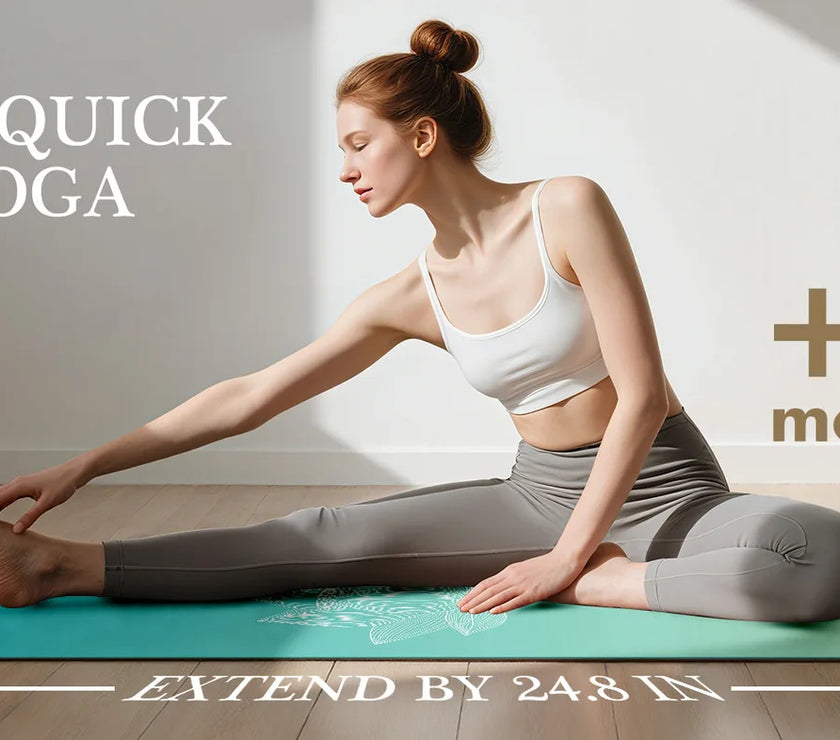 Woman stretching on a yoga mat with promotional text about an anti-slip quick-drying yoga towel.