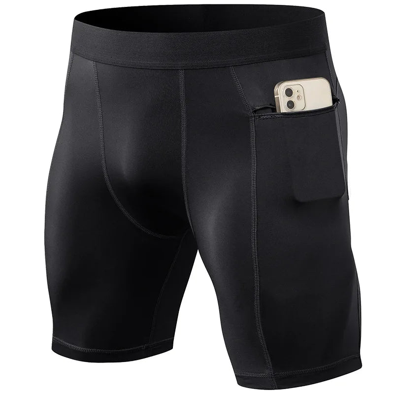 Men’s black quick-dry compression tights, designed for athletic performance and muscle support