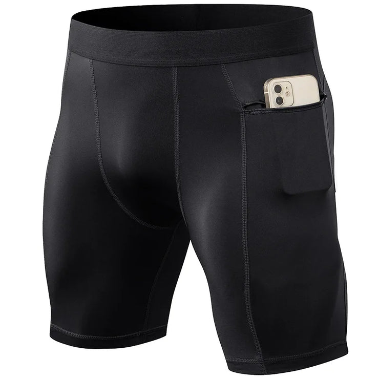 Men’s black quick-dry compression tights, designed for athletic performance and muscle support