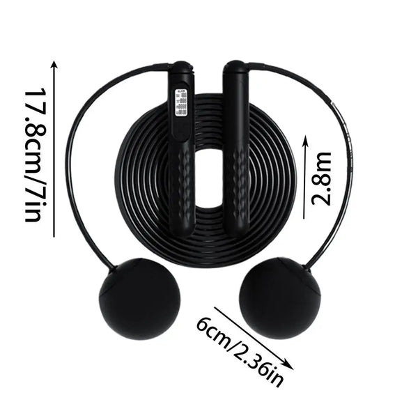 Black jump rope with measurements on a white background