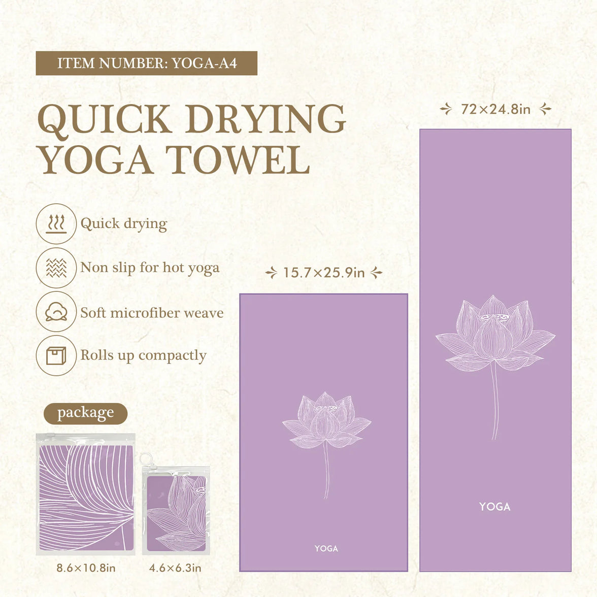 Quick drying yoga towel with packaging and specifications on a white background