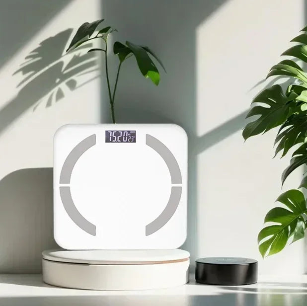 Close-up of the SpokenFitness scale display showing body fat percentage